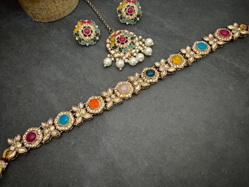Antique Bronze Gold Navratan Indian Jewelry Set: Multicolor Flexible Choker Round Necklace Stud Earrings Mangtika image 2