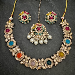 Antique Bronze Gold Navratan Indian Jewelry Set: Multicolor Flexible Choker Round Necklace Stud Earrings Mangtika image 14