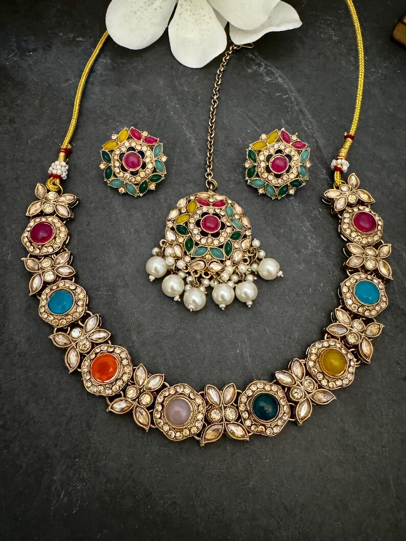 Antique Bronze Gold Navratan Indian Jewelry Set: Multicolor Flexible Choker Round Necklace Stud Earrings Mangtika image 14