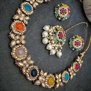 Antique Bronze Gold Navratan Indian Jewelry Set: Multicolor Flexible Choker Round Necklace Stud Earrings Mangtika image 19