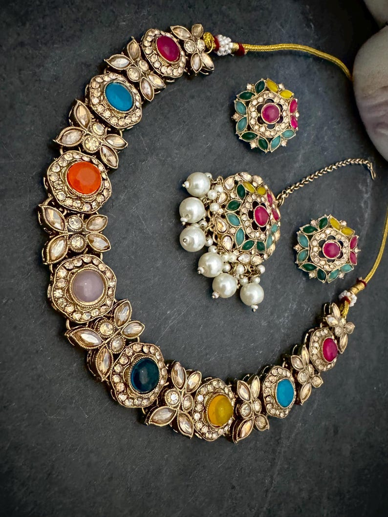 Antique Bronze Gold Navratan Indian Jewelry Set: Multicolor Flexible Choker Round Necklace Stud Earrings Mangtika image 19