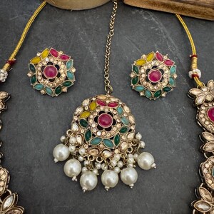 Antique Bronze Gold Navratan Indian Jewelry Set: Multicolor Flexible Choker Round Necklace Stud Earrings Mangtika image 11