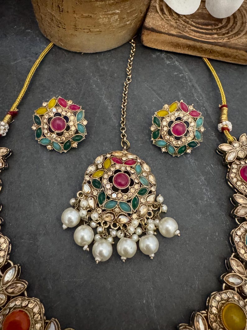 Antique Bronze Gold Navratan Indian Jewelry Set: Multicolor Flexible Choker Round Necklace Stud Earrings Mangtika image 11