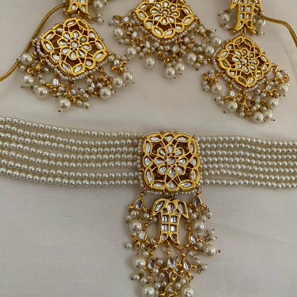 White Gold Kundan choker set, Pearl choker set, Indian choker set, Indian jewelry Jewellery set, meenakari necklace set, gifts for her