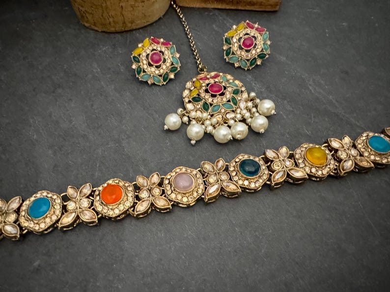 Antique Bronze Gold Navratan Indian Jewelry Set: Multicolor Flexible Choker Round Necklace Stud Earrings Mangtika image 8