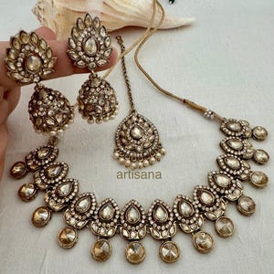 Antikes Gold indisches Braut Schmuck Set, Jhumka, Mangtika