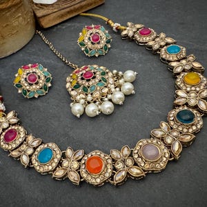 Antique Bronze Gold Navratan Indian Jewelry Set: Multicolor Flexible Choker Round Necklace Stud Earrings Mangtika image 17