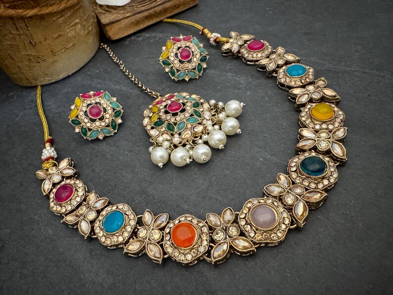 Antique Bronze Gold Navratan Indian Jewelry Set: Multicolor Flexible Choker Round Necklace Stud Earrings Mangtika image 17