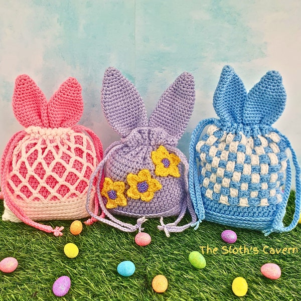 Easter bunny treat bag, bunny ears drawstring pouch, handmade crochet gift bag for Easter, Favour Bag, Pink-White, Lilac-Yellow, Blue-White