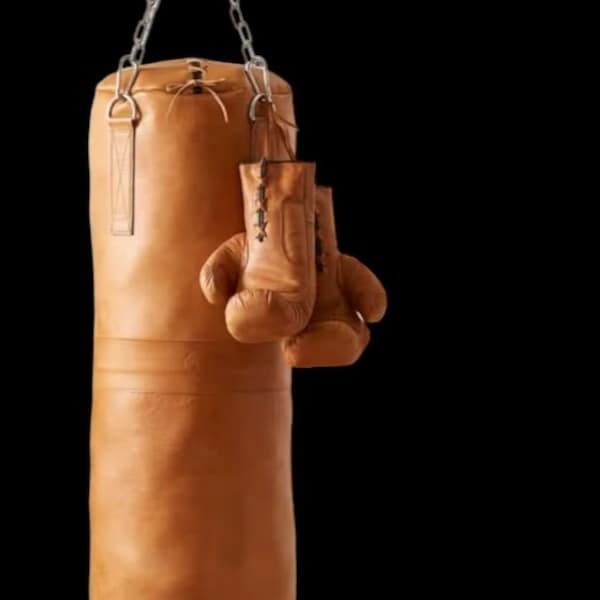 Ultimate deluxe tan vintage leather punching bag, training boxing bag, MMA kickboxing handmade bag, cowhide heavy bag, gym exercise bag