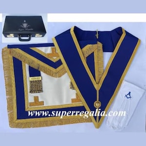 Blau Masonic Regalia Set: Handbestickte Schürze, Halsband, Etui & Handschuhe