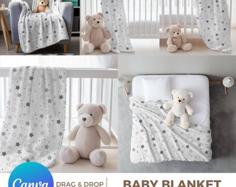 May include: A mockup bundle of baby blankets featuring a white background with a gray star pattern. The blankets are shown in different settings, including a crib, a bed, and a chair. A teddy bear is included in each image.