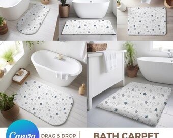 May include: A mockup bundle of four bath mats with a white background and a grey star pattern. The mats are shown in different bathroom settings with white bathtubs and white cabinets. The text "DRAG & DROP EASY USE" is displayed on the image.