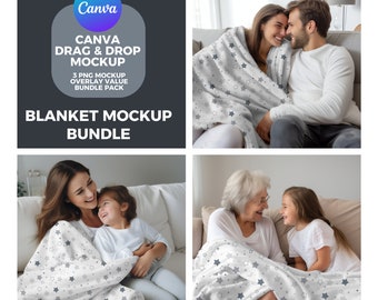 Mockups de mantas / Fleece, Sherpa, Felpa de terciopelo, Microfibra, Manta Minky / Paquetes de Mockups / Superposición de Canva / Mockups de arrastrar y soltar