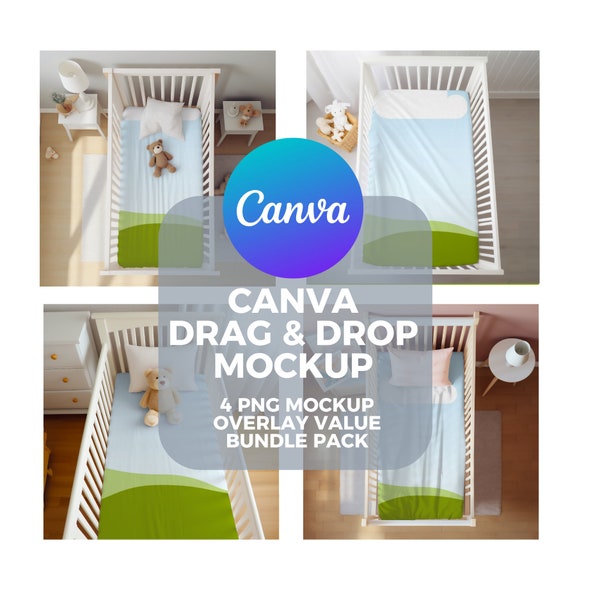 Nursery Crib Sheet mockup Bundle | Transparent PNG Overlay for Canva | Drag And Drop Mockup | Mockup for Canva | Baby Bed Sheets Mockup