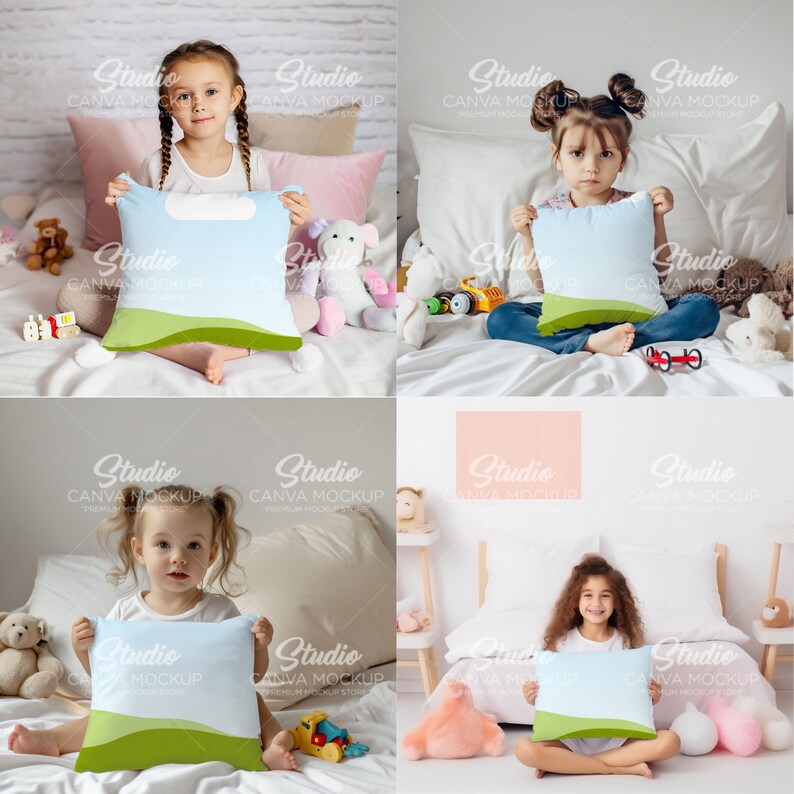 May include: Four children are sitting on beds holding light blue pillows with a green and white design. The pillows have a white space for personalization. The children are surrounded by toys.