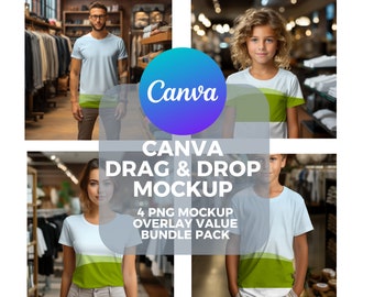 May include: Four mockups of t-shirts with different designs. The mockups are set in a clothing store with clothing racks in the background. The text on the image reads "Canva Drag & Drop Mockup 4 PNG Mockup Overlay Value Bundle Pack".