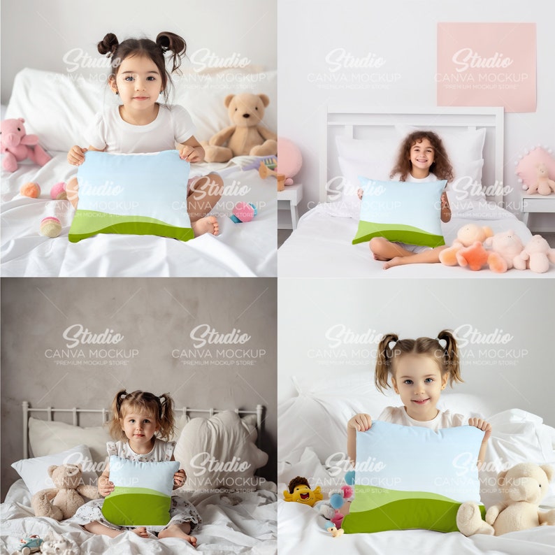 May include: Four images of children holding a light blue pillow with a green and white design. The pillow has a green wave design on the bottom. The children are sitting on a white bed with white bedding and stuffed animals.