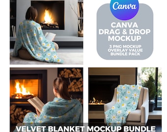 Mockups de mantas / Fleece, Sherpa, Felpa de terciopelo, Microfibra, Manta Minky / Paquetes de Mockups / Superposición de Canva / Mockups de arrastrar y soltar