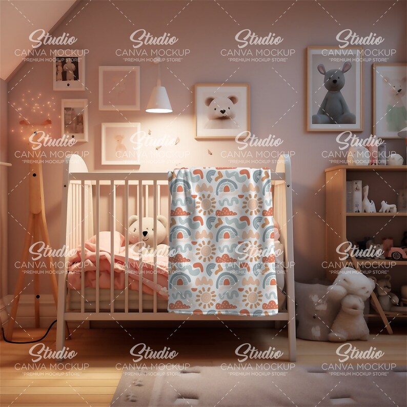 May include: A white cot with a pink and white blanket and a brown and white patterned throw blanket. The cot is in a nursery with a light brown wooden bookshelf and a white lamp.