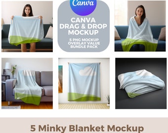 Mockups de mantas / Fleece, Sherpa, Felpa de terciopelo, Microfibra, Manta Minky / Paquetes de Mockups / Superposición de Canva / Mockups de arrastrar y soltar