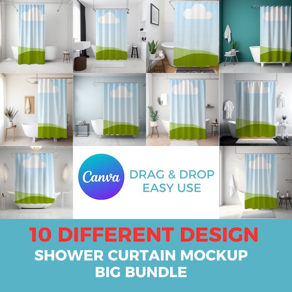 10 Different Design Shower Curtain Mockup Big Bundle | Bath Curtain Mockup | Bathroom Curtain Mockup | Shower Screen Mockup | Canva Mockups