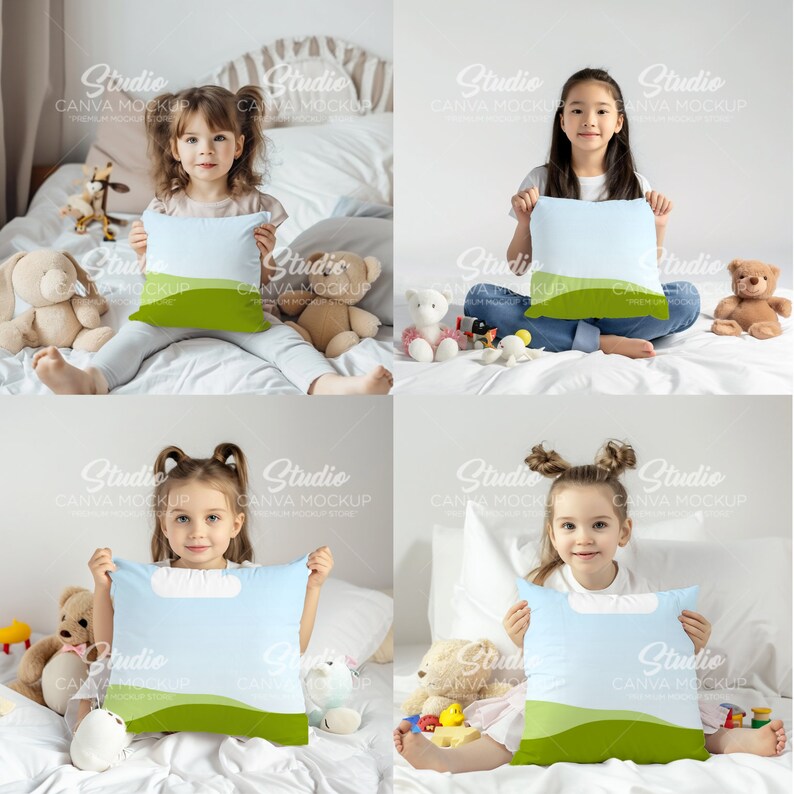 May include: Four children are holding decorative pillows with a green and blue landscape design. The pillows are on a white bed with stuffed animals.