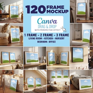 May include: A collage of framed art mockups in various interior settings. The frames feature a landscape design with a blue sky, white cloud, and green hills. Text on the image reads "120 Frame Mockup" and "Canva Drag & Drop."