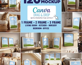 Canva Frame Mockup Bundle | 120 Wall-Art Frames 2:3 & DIN ISO A | Drag and Drop Mockup | Perspective Effects Mockup | Easy Use Mockup
