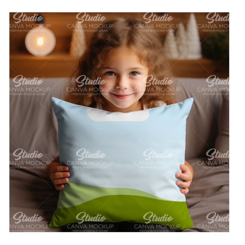 May include: A child is holding a blue and green pillow with a white cloud design. The pillow has a green landscape design at the bottom.