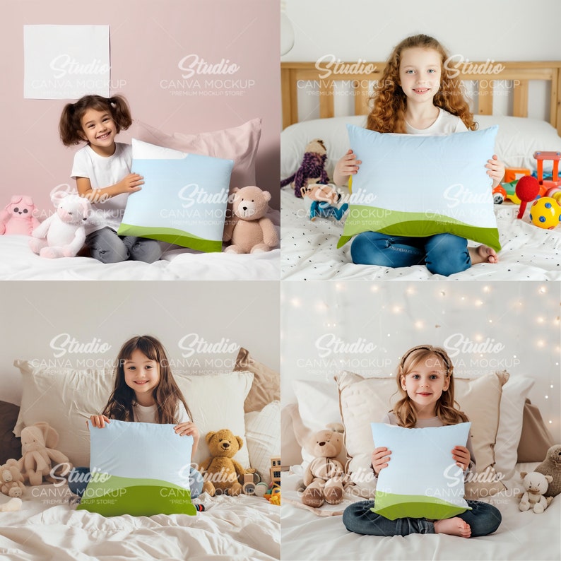 May include: Four children are sitting on beds holding light blue throw pillows with a green and white landscape design. The pillows are on a white bed with a variety of stuffed animals.