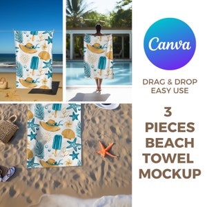 Modelo de maquete de toalha de praia de 3 peças - fácil de editar | Sobreposição de PNG do Canva | Maquete do Canva | Maquete de toalha | Maquete de arrastar e soltar | Pacote de maquete