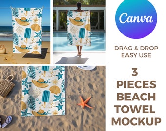 3 Stück Strandtuch Mockup Vorlage - Einfach zu bearbeiten | Canva PNG Overlay | Canva Mockup | Handtuch Mockup | Drag & Drop Mockup | Mockup Bundle