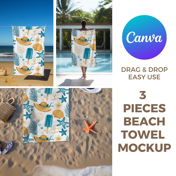 3 Pieces Beach Towel Mockup Template - Easy to Edit | Canva PNG Overlay | Canva Mockup | Towel Mockup | Drag & Drop Mockup | Mockup Bundle