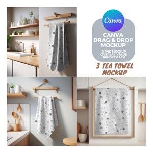 May include: Three kitchen tea towels with a star pattern hanging on a wooden rack in a kitchen setting. The towels are white with gray stars. The text "Canva Drag & Drop Mockup" and "3 Tea Towel Mockup" is visible in the image.