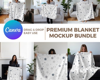 Mockups de mantas / Fleece, Sherpa, Felpa de terciopelo, Microfibra, Manta Minky / Paquetes de Mockups / Superposición de Canva / Mockups de arrastrar y soltar