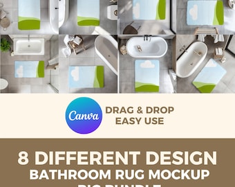 May include: Eight different designs of bathroom rugs in a mockup setting. Each rug features a light blue background with a white cloud and a green grass design. The rugs are shown in various bathroom settings with a white bathtub and white tiled floors.