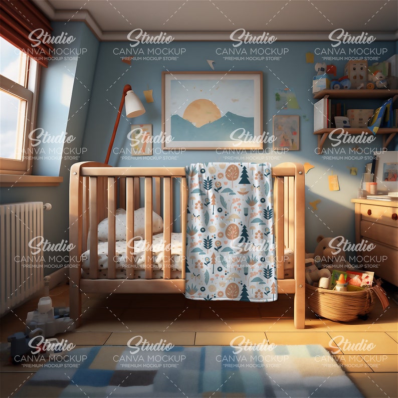 May include: A wooden cot with a white and blue patterned blanket. The cot is in a nursery with blue walls and a wooden shelf with toys.