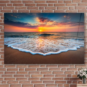 Sunset Water Waves Tempered Glass Wall Art, Glass Poster, Modern Wall Decor, Tempered Glass Panel, Living Room Glass Print, Wall Hanging