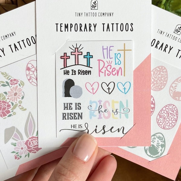 Christian Easter Temporary Tattoos | Easter Basket Stuffers | He is Risen | Bunny Tattoos | Easter Basket Ideas | Easter for Kids | Bulk