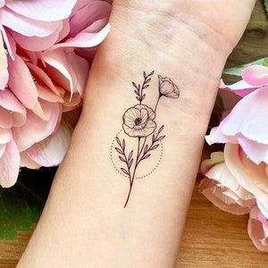 Poppy Flower Temporary Tattoo | Set of 2 | Floral Tattoo | Flower Tattoo | Fake Tattoo
