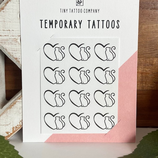 Cat in Heart Temporary Tattoos | Set of 12 | Cat Temporary Tattoo | Minimalist Pet Tattoo | Cat Tattoo | Pet Memorial | Pet Remembrance |