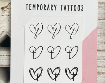 Heart Cross Temporary Tattoos | Set of 9 | Christian Temporary Tattoo | Cross Temporary Tattoo | Temporary Christian Tattoo