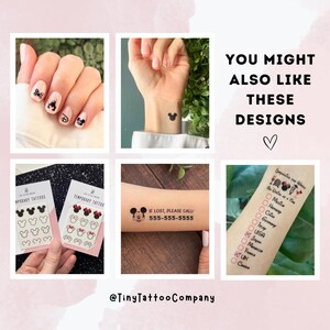May include: A collection of temporary tattoos featuring black Mickey Mouse silhouettes, a contact information design with a mouse face, and a travel checklist. The set includes various small icons and text on white backing cards and skin.
