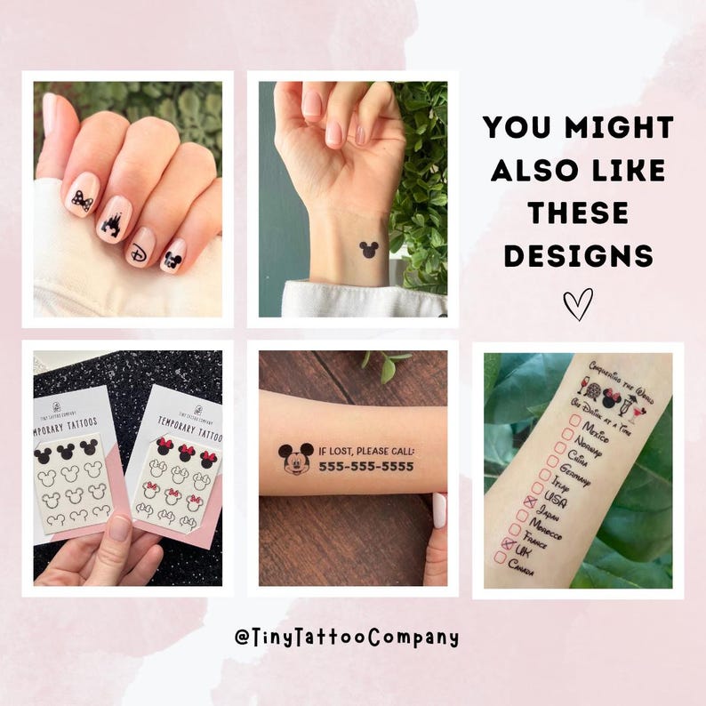 May include: A collection of temporary tattoos featuring black Mickey Mouse silhouettes, a contact information design with a mouse face, and a travel checklist. The set includes various small icons and text on white backing cards and skin.