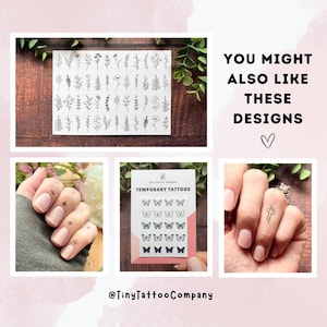 May include: A collection of temporary tattoo sheets featuring black line art designs of various botanical sprigs, flowers, and butterflies. The set includes a sheet labeled Temporary Tattoos and displays examples of small floral and cross tattoos on fingers.