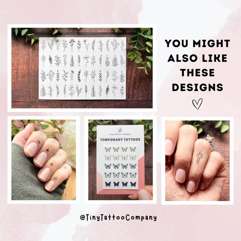 May include: A collection of temporary tattoo sheets featuring black line art designs of various botanical sprigs, flowers, and butterflies. The set includes a sheet labeled Temporary Tattoos and displays examples of small floral and cross tattoos on fingers.
