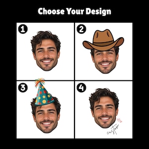 Puede incluir: Una cuadr&iacute;cula de cuatro opciones titulada Choose Your Design, cada una con el rostro sonriente de un hombre. La opci&oacute;n 1 es un rostro simple, la 2 a&ntilde;ade un sombrero de vaquero marr&oacute;n, la 3 un gorro de fiesta turquesa con puntos y la 4 el texto custom.