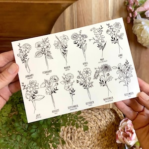 Puede incluir: Una tarjeta rectangular blanca con ilustraciones de l&iacute;neas negras de doce flores de nacimiento, una para cada mes. Cada dibujo floral est&aacute; etiquetado con el nombre del mes y el tipo de flor, desde enero Clavel hasta diciembre Acebo.