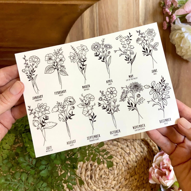 Puede incluir: Una tarjeta rectangular blanca con ilustraciones de l&iacute;neas negras de doce flores de nacimiento, una para cada mes. Cada dibujo floral est&aacute; etiquetado con el nombre del mes y el tipo de flor, desde enero Clavel hasta diciembre Acebo.
